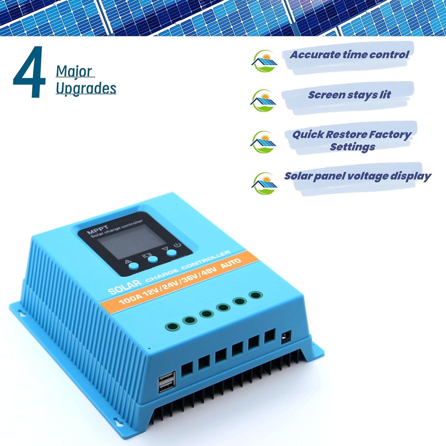 Upgraded 100A MPPT Solar Charge Controller 12V 24V 36V 48V LCD Display Battery Intelligent Regulator Max 100V Input Dual USB for Lead-Acid/Lithium