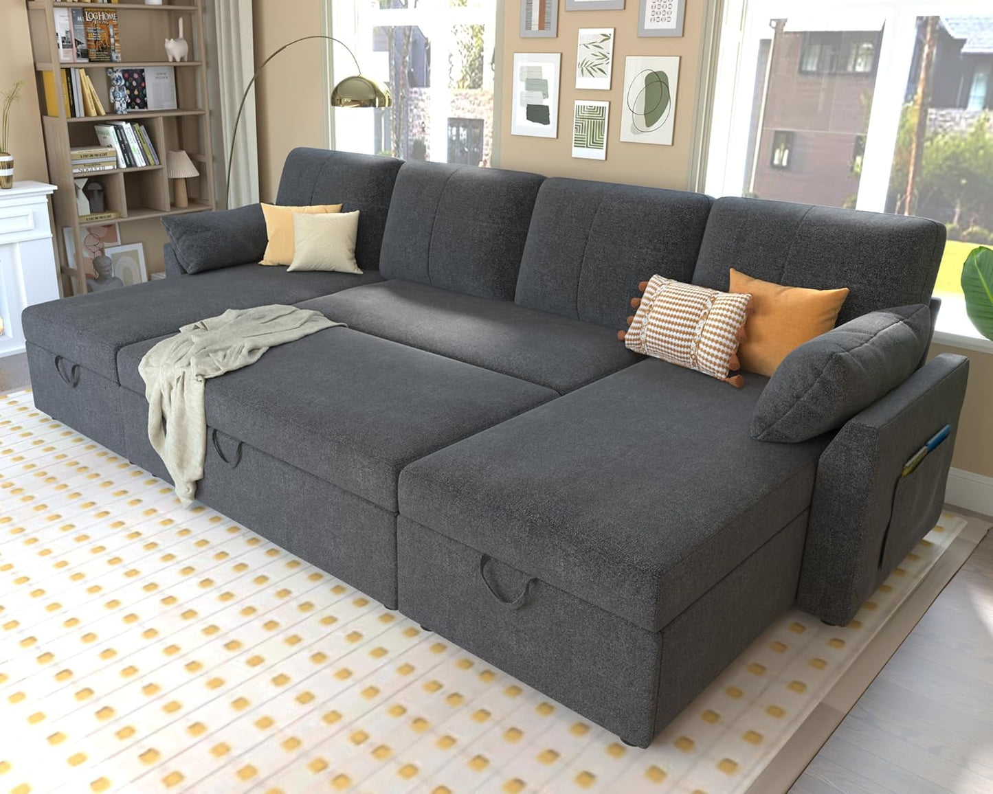 VanAcc Sofa Bed, Sleeper Sofa- 2 in 1 Pull Out Couch Bed with Storage Chaise for Living Room, White Sherpa 84in x 59in x 39in