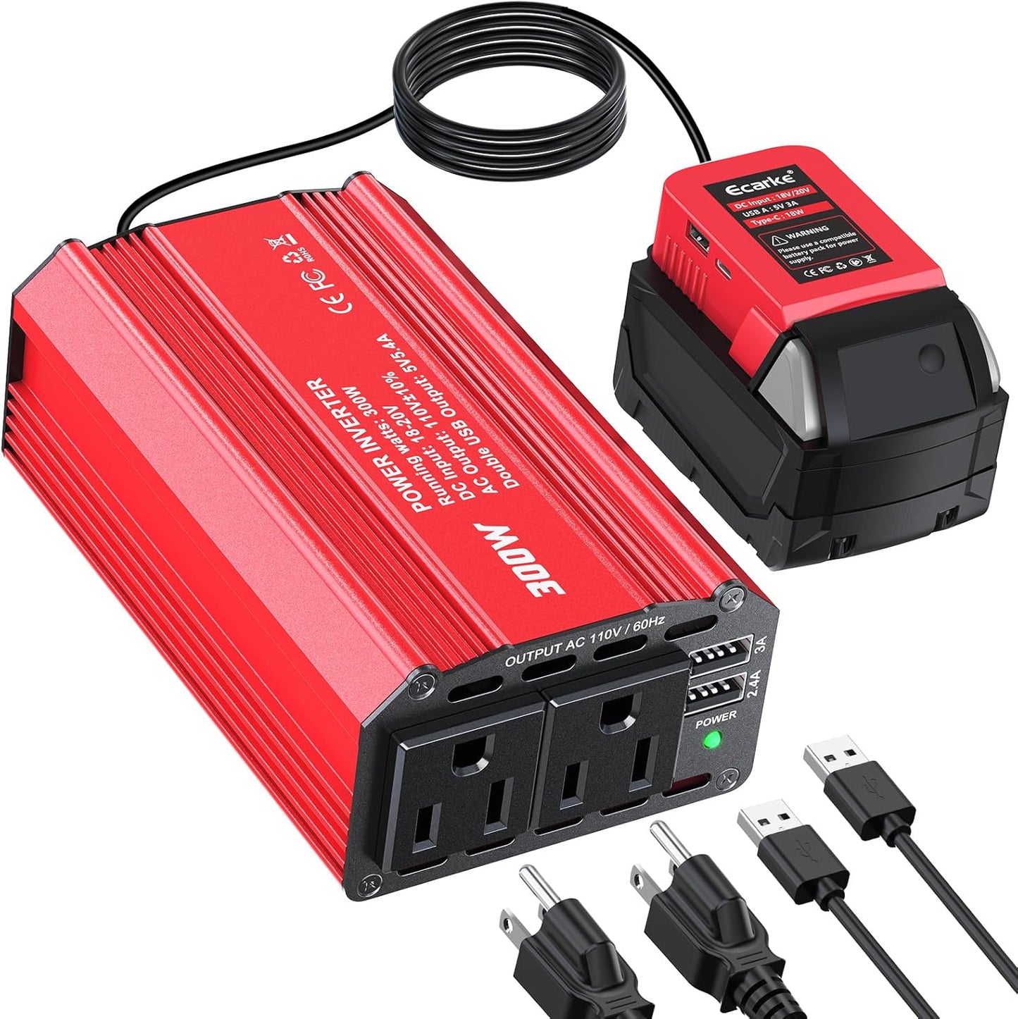 350W Power Inverter Compatible with DeWalt 20V Batteries: Ecarke Portable Power Outlet 2 AC Outlets 2 USB Phone Charger 2 Type-C, Generator DC 18V to AC 110V - Battery Adapter LED Light RGB Light