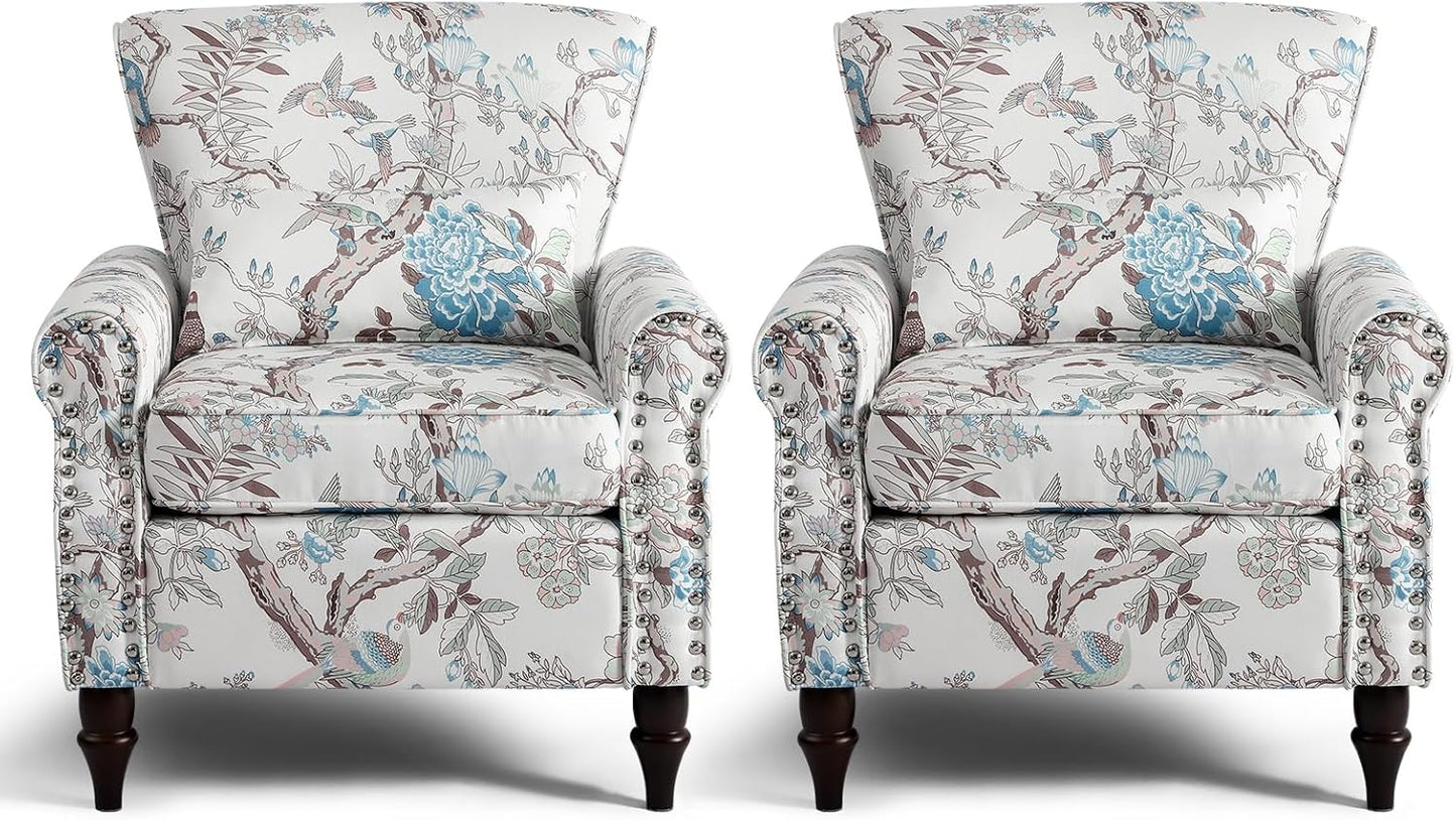 Wingback Accent Chair with Removable Pillow, High Back Floral Armchair with Solid Wood Legs & Nailhead Trim, Comfy Upholstered Reading Single Sofa Chair for Bedroom (2, Blue Floral Pattern)