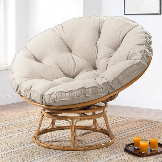 41" Papasan Chair with Cushion and 360 Degree Swivel Base, Papasan Lounge Chair with Cushion and Sturdy Frame, Large Saucer Chair, Circle Chair, Round Chair, Bronze/Beige