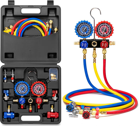 VIVOHOME HVAC Manifold Gauge Set with R134a R1234yf Quick Couplers and Can Taps, Automotive AC Gauges with 3 Hoses for Car Freon Charging and Evacuation