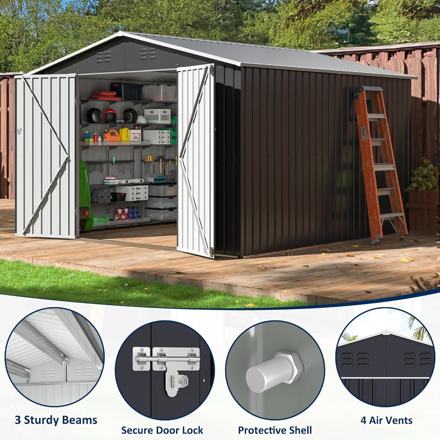 10x10 FT Outdoor Storage Shed, Garden Shed with Updated Frame Structure and Lockable Doors, Metal Tool Sheds for Backyard Garden Patio Lawn, Grey