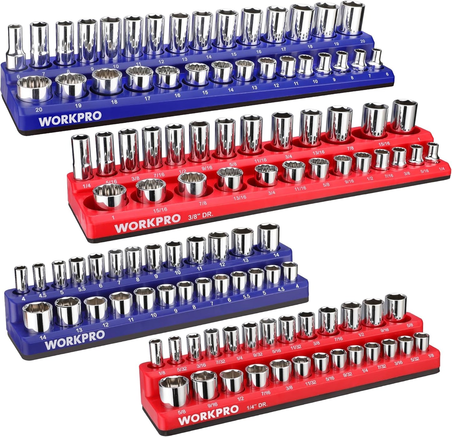 WORKPRO Magnetic Socket Organizer Set, 6-Piece Socket Holder Set Includes 1/4", 3/8", 1/2" Drive Metric SAE Socket Trays, Holds 143 Pieces Sockets, Christmas Gift for Men(Socket not Included)