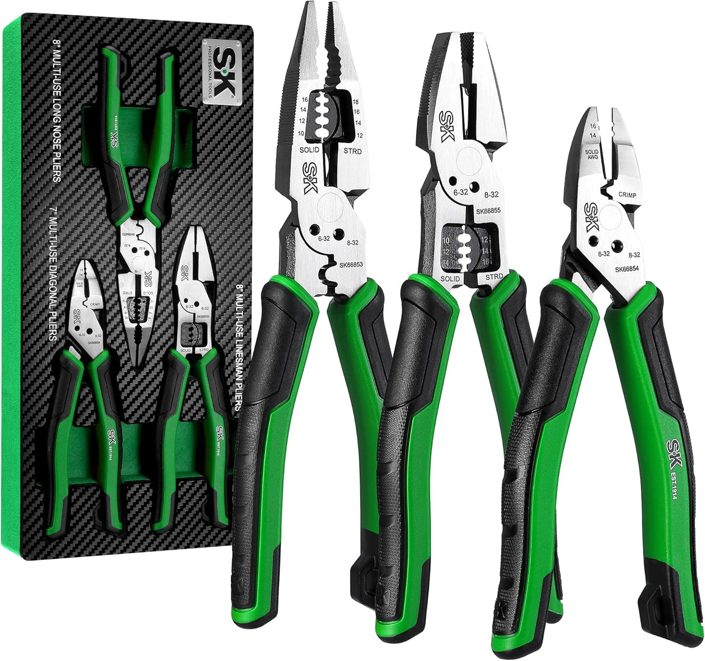 SK 3-Piece Pliers Set, 8-Inch Multi-use Noodle Nose Pliers, 7-Inch Multi-use Diagonal Pliers and 8-Inch Multi-use Linesman Pliers, CR-V Construction, Anti-slip Handle, with EVA Foam Tool Organizer