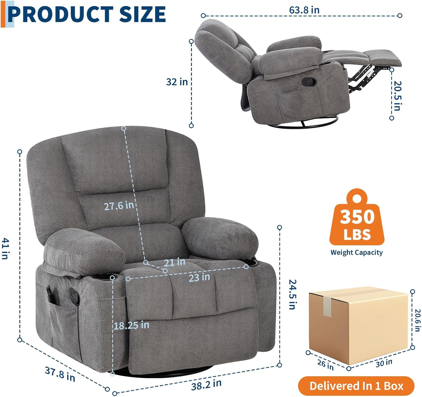 360° Swivel Recliner Chair with Heat ＆ Massage, Widen Overstuffed Single Sofa Lounge Chair with Side Pockets Cup Holders for Living Room,Bedroom, RV, Gray