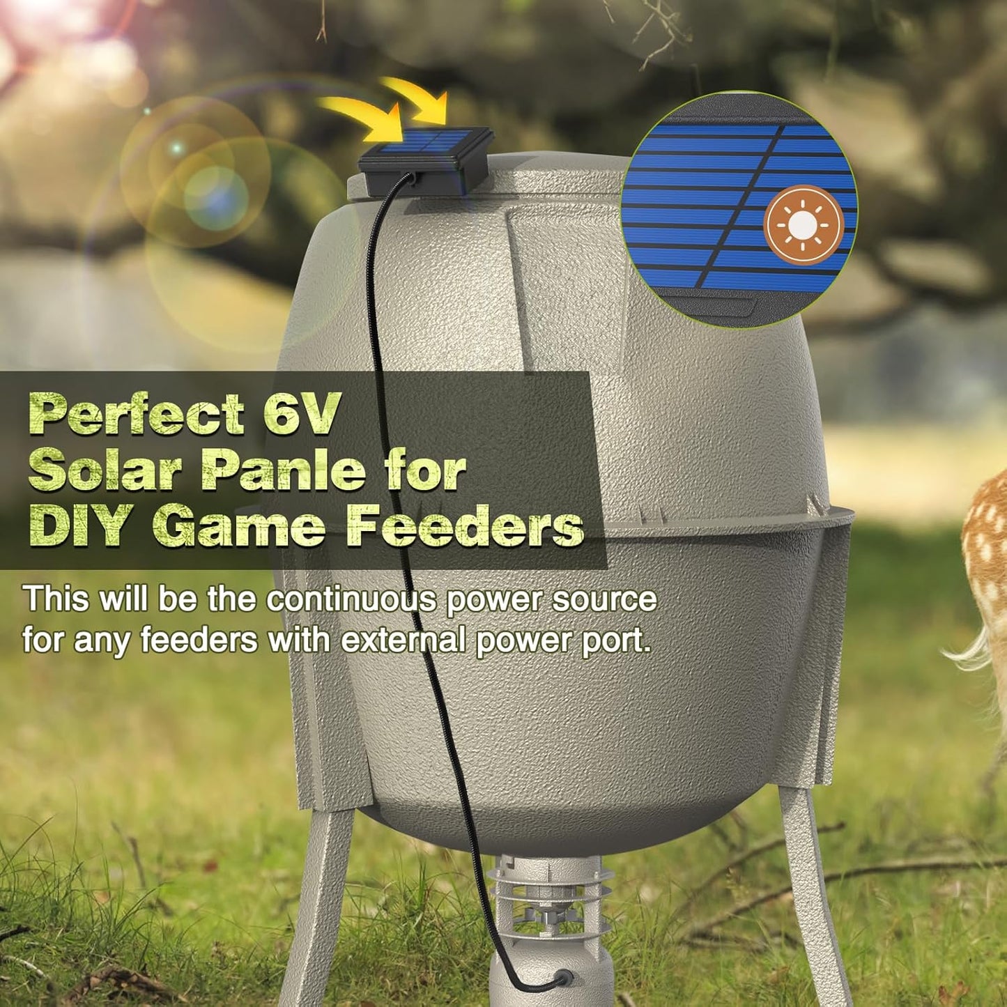6V Deer Feeder Solar Panel, Efficient Solar Panel Charger with 5FT Weatherproof Cable & Battery Indicator, 6V Solar Panel Compatible with Deer Feeder Timer with Solar Quick Connect, Easy to Mount