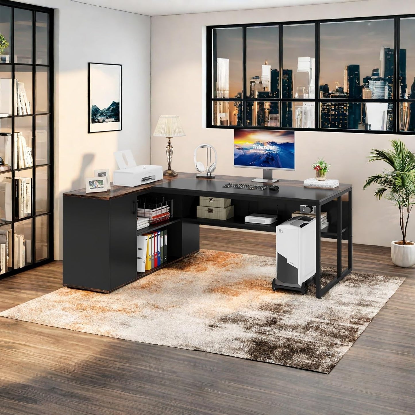 Tribesigns 71" L-Shaped Executive Desk, Large Office Desk with Lateral Cabinet and Open Shelves, Industrial Computer Table for Home Office, Walnut & Black