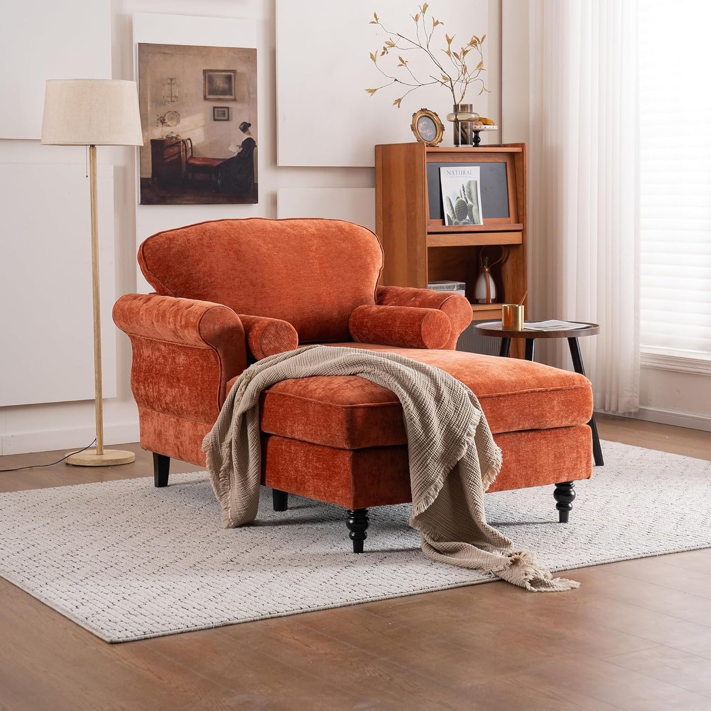 Chaise Lounge Chair Indoor with 2 Pillows, Leisure Upholstered Sofa Recliner, Chenille Single Chair for Living Room, Bedroom, Office (Orange)