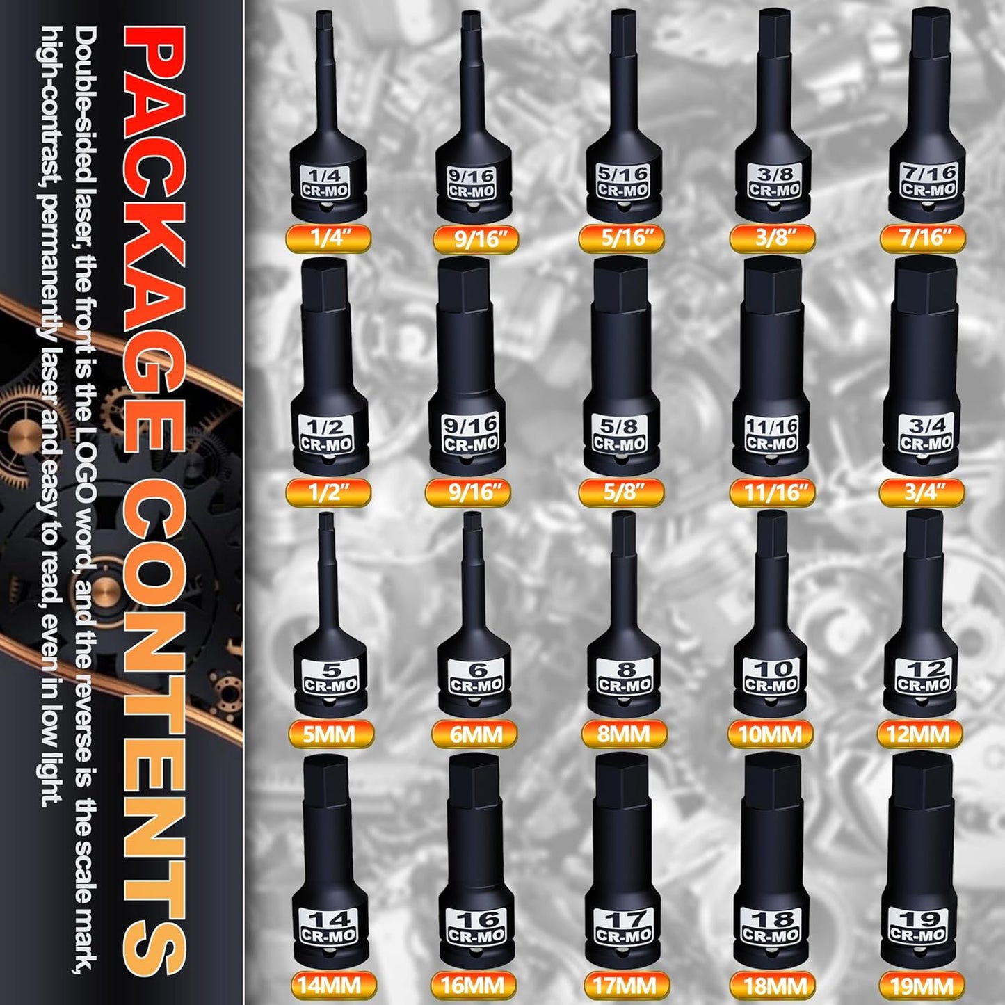 1/2" Drive Master Impact Hex Bit Socket Set, Metric & SAE, 20-Piece 1/2 Inch Drive Impact Allen Bit Socket Set, 5mm - 19mm & 1/4" - 3/4", Cr-Mo Steel, Heavy Duty Storage Case