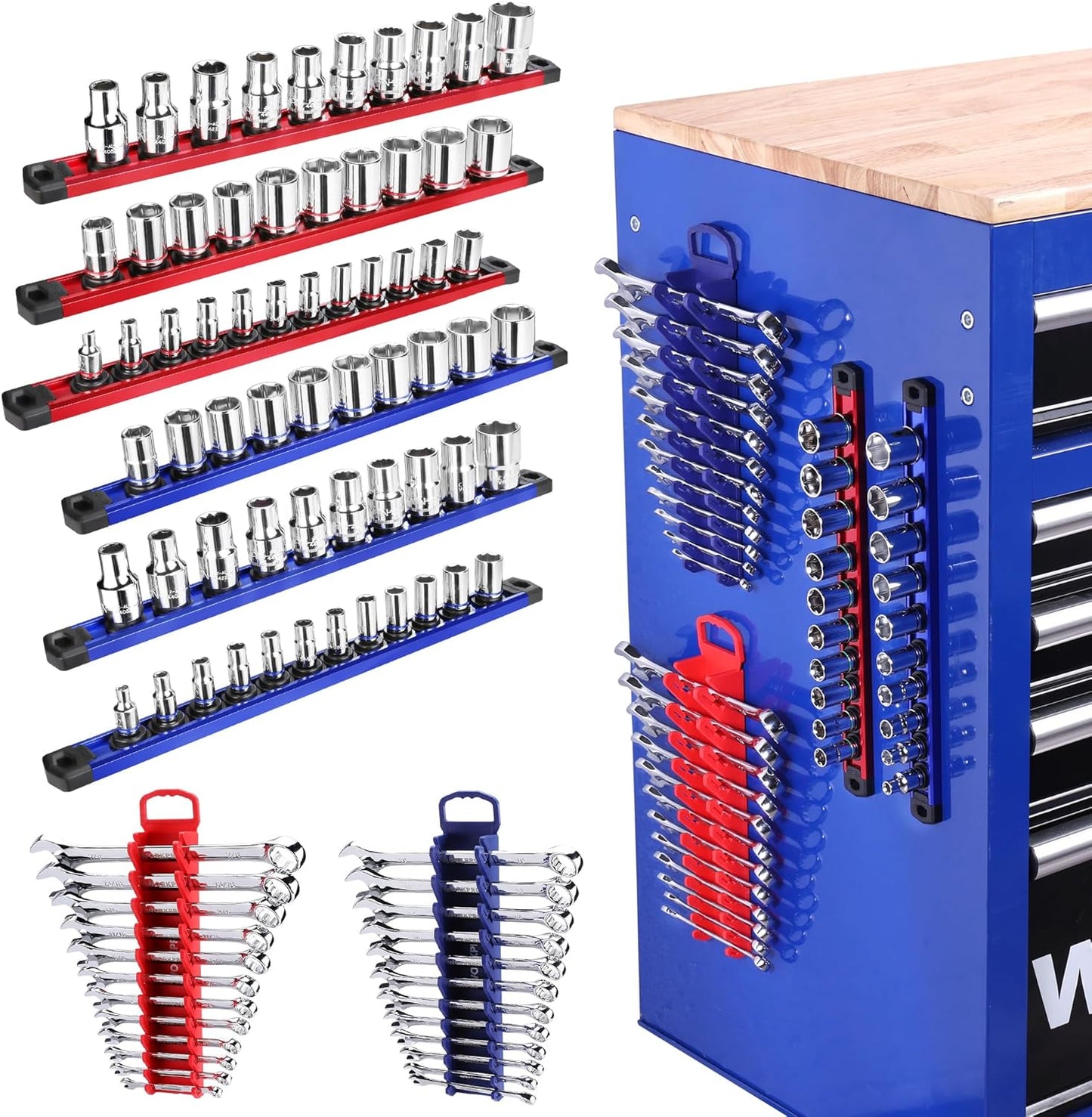 WORKPRO 8-Piece Magnetic Socket Organizer and Magnetic Wrench Organizer Set, 1/4", 3/8", 1/2" Drive Metric SAE Aluminum Alloy Socket Rail, Metric SAE Wrench Holder(Socket, Wrench not Included)