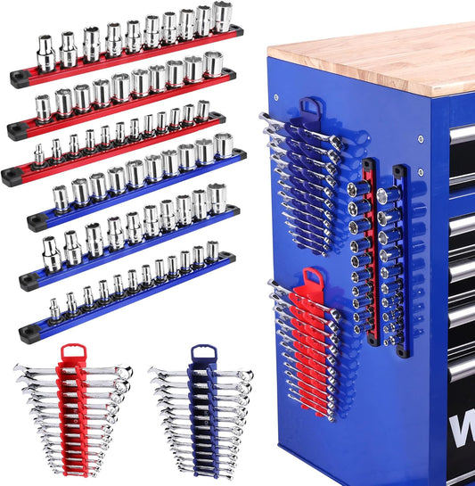 WORKPRO 8-Piece Magnetic Socket Organizer and Magnetic Wrench Organizer Set, 1/4", 3/8", 1/2" Drive Metric SAE Aluminum Alloy Socket Rail, Metric SAE Wrench Holder(Socket, Wrench not Included)