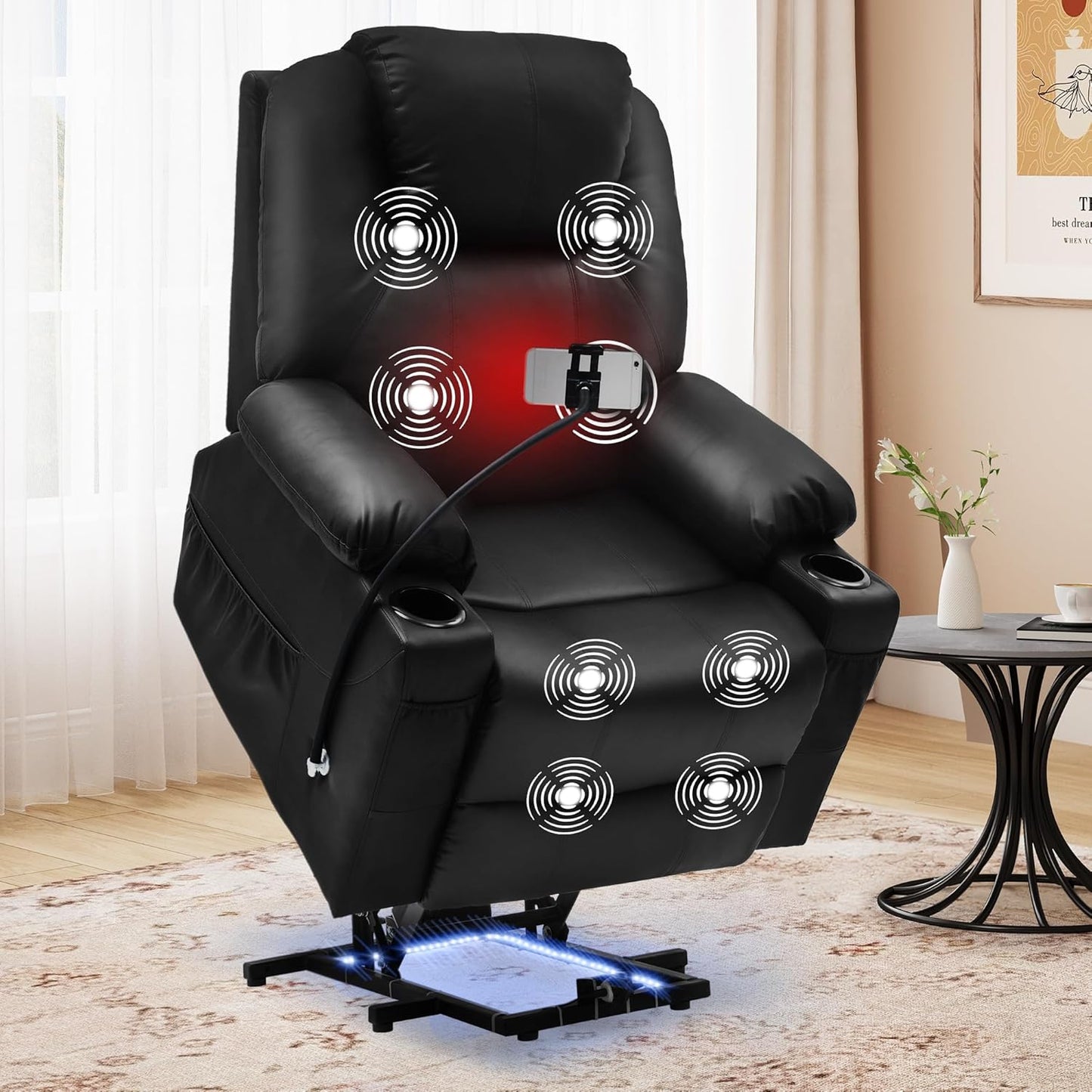 YITAHOME PU Leather Lift Recliner Chair with Phone Holder, Power Lift Chair with Massgae and Heat for Elderly, Extended Footrest, LED Lighting, 2 Cup Holders & Side Pockets, Living Room, Black