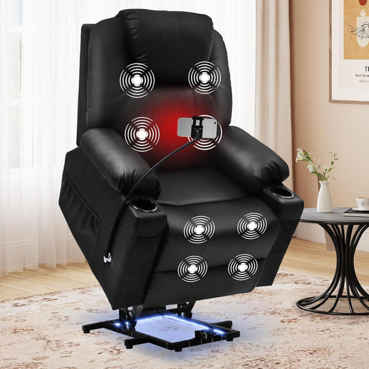 YITAHOME PU Leather Lift Recliner Chair with Phone Holder, Power Lift Chair with Massgae and Heat for Elderly, Extended Footrest, LED Lighting, 2 Cup Holders & Side Pockets, Living Room, Black