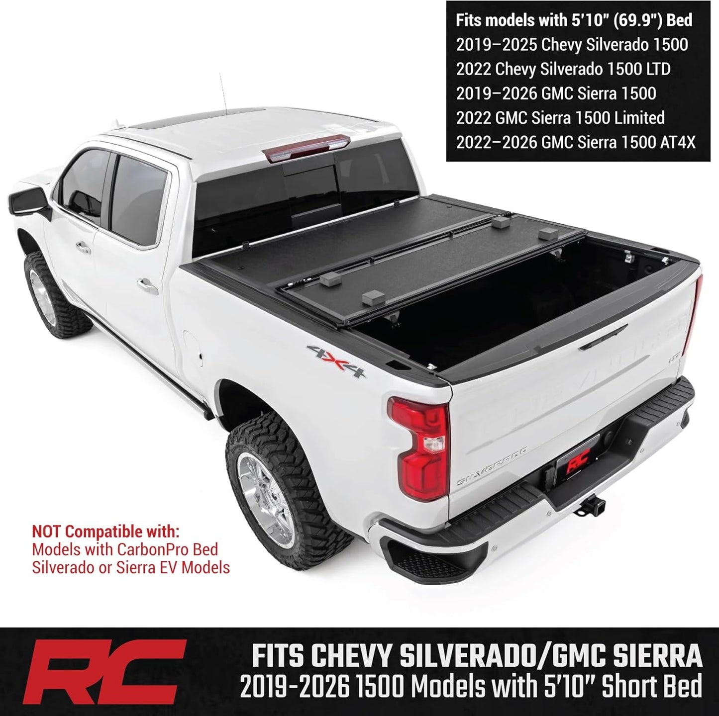 Rough Country Hard Tri-Fold Tonneau Cover for Chevy Silverado & GMC Sierra 1500 (2019-2025) - Low-Profile Aluminum Truck Bed Cover, Fits 5'10 Bed (69.9")
