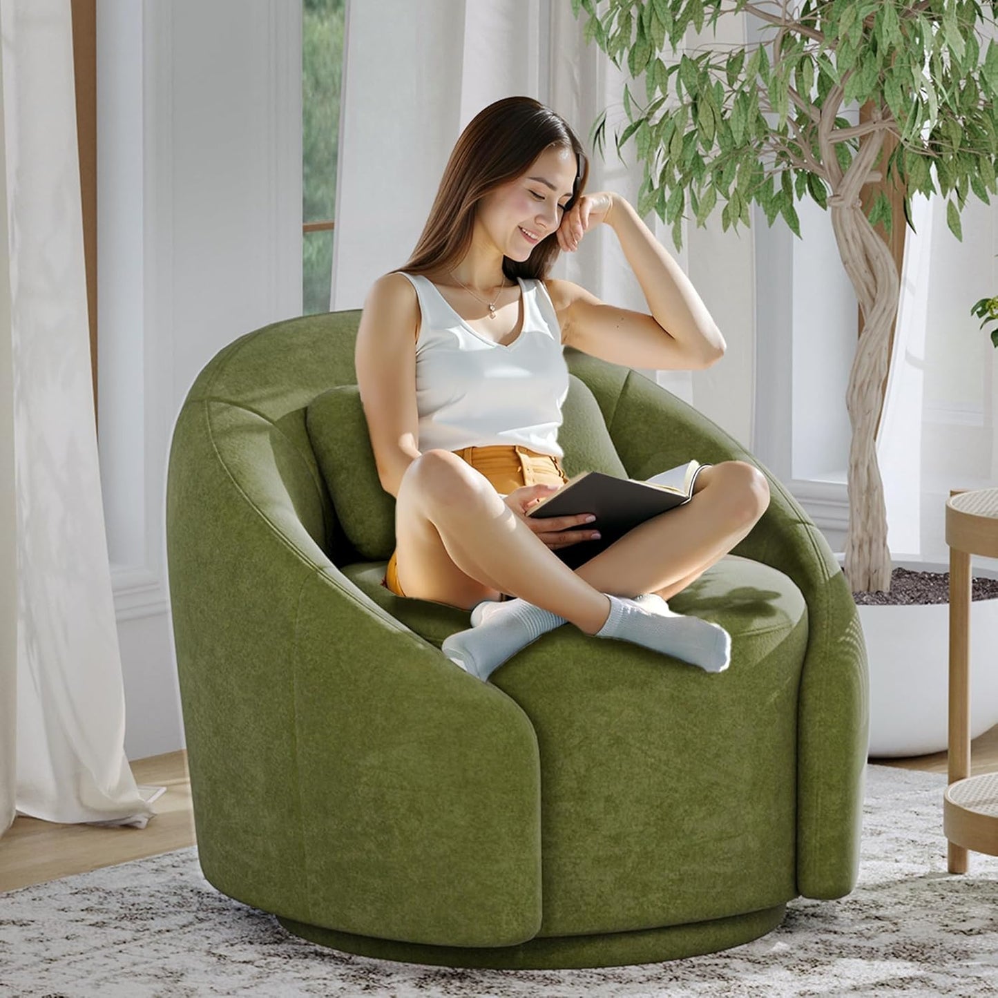 COLAMY 360°Swivel Accent Chairs, Mid-Century Modern Upholstered Chairs with Metal Base and Lumbar Pillow for Living Room, Bedroom, Home Office, 300 lbs Capacity,Green