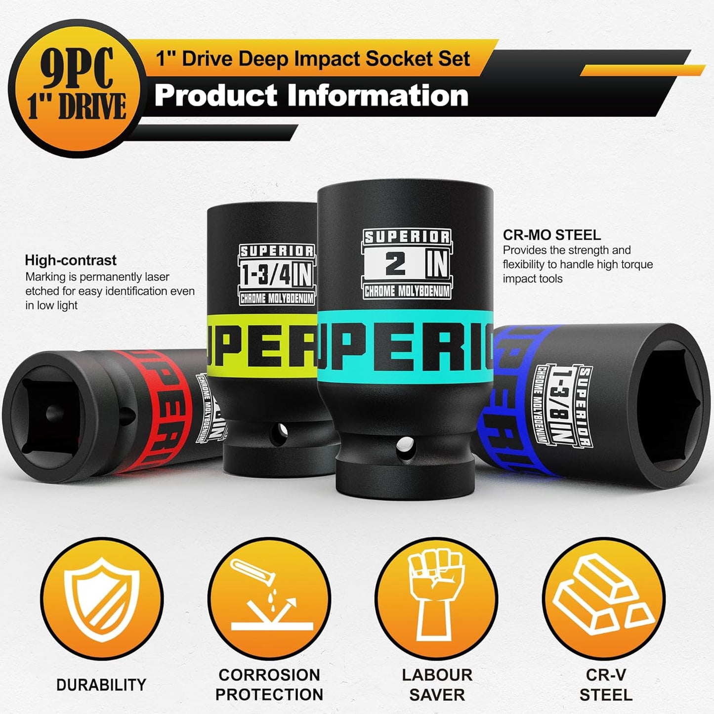 9 Piece 1" Drive Deep Impact Socket Set, 1 Inch - 2 Inch, SAE, 6-Point Design, Heavy Duty CR-MO, Truck Tire Service, Mechanical Equipment Maintance