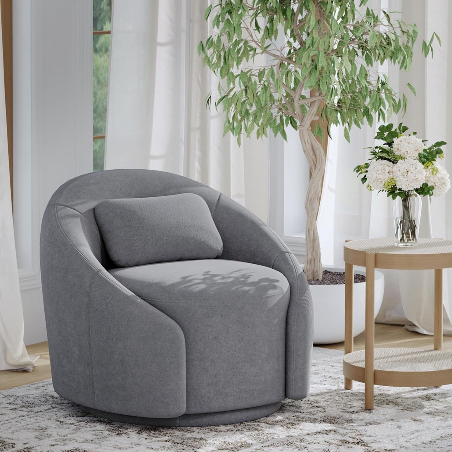 COLAMY 360°Swivel Accent Chairs, Mid-Century Modern Upholstered Chairs with Metal Base and Lumbar Pillow for Living Room, Bedroom, Home Office, 300 lbs Capacity,Grey