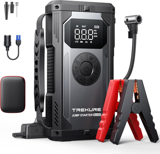 8-in-1 Jump Starter with Air Compressor 6000A 150PSI Portable Car Battery Jump Starter (All Gas/10L Diesel), 12V Jump Box Car Battery Jumper Starter Portable with Jumper Cables, Lights