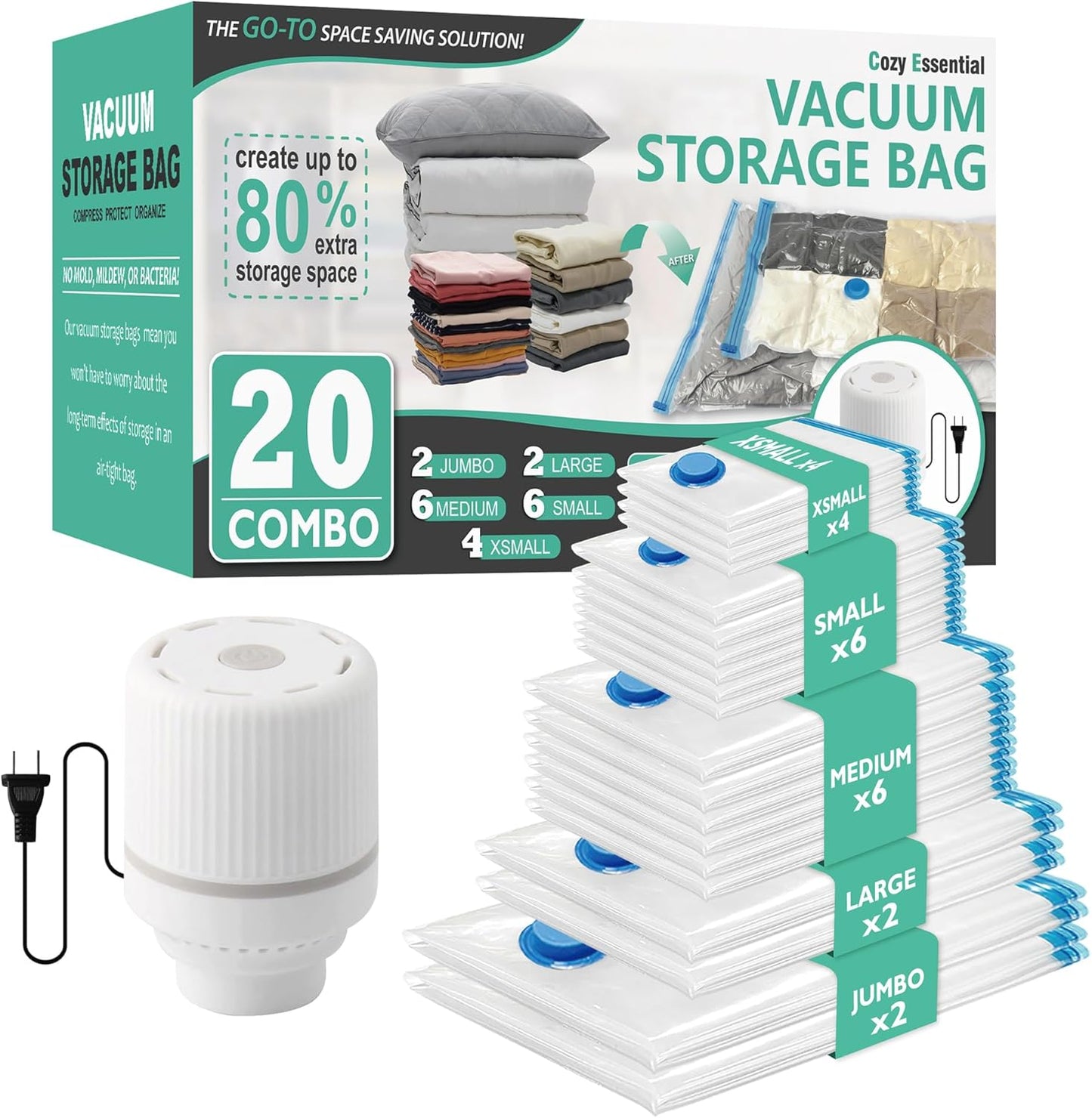 20 Pack Vacuum Storage Bags, Space Saver Bags (4 Jumbo/4 Large/4 Medium/4 Small/4 Roll) Compression for Comforters and Blankets, Sealer Clothes Storage, Hand Pump Included