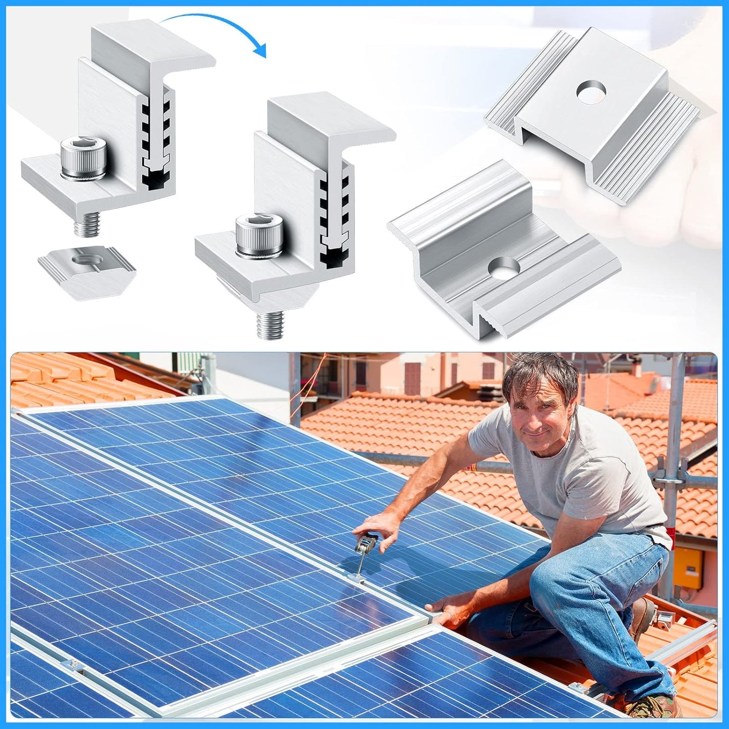 1.06 Inch Solar Panel Bracket Aluminum Solar Mid Clam with Mounting Brackets 32-50 mm Clamps Adjustable End Panel Clamps(56 Pieces)