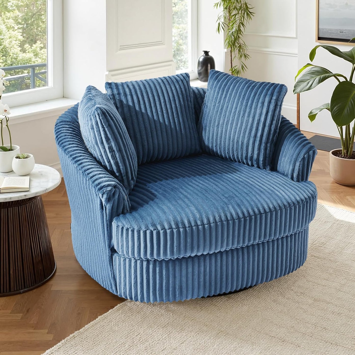 UIXE 43" W Oversized Swivel Accent Chair, Faux Fur Round Barrel Chair Comfy Upholstered Armchair for Living Room, Chaise Lounge Indoor Single Sofa Reading Seat - Dark Camel