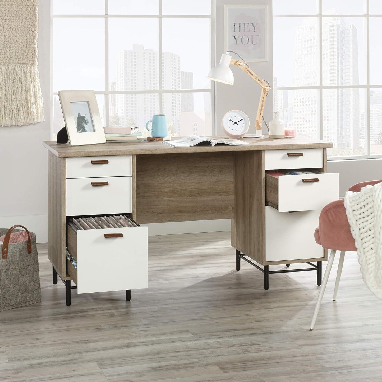 Sauder Anda Norr Executive Desk, Sky Oak Finish