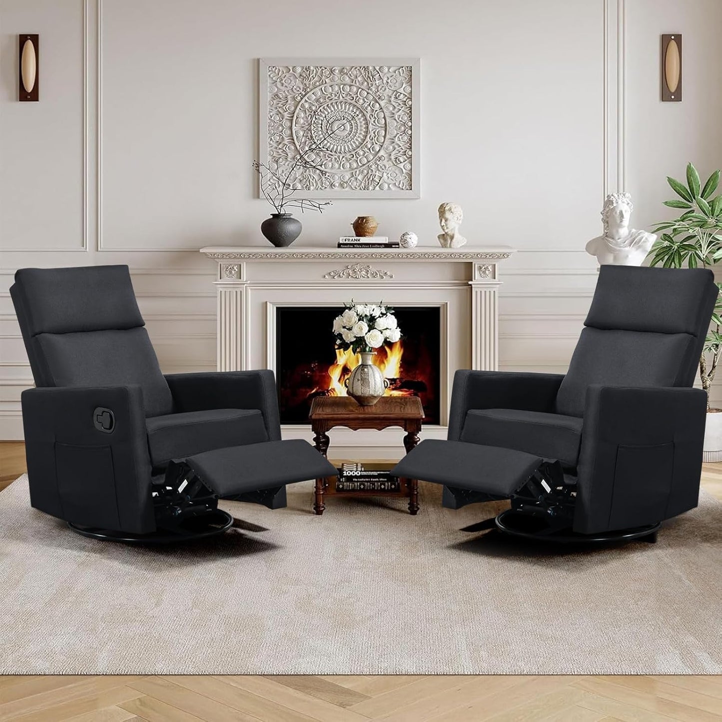Swivel Rocker Recliner Chairs Set of 2, Upholstered Fabric Nursery Rocking Glider Chair with Adjustable Backrest and Footrest, Lay Flat Recliner Single Lazy Sofa for Living Room(Beige)