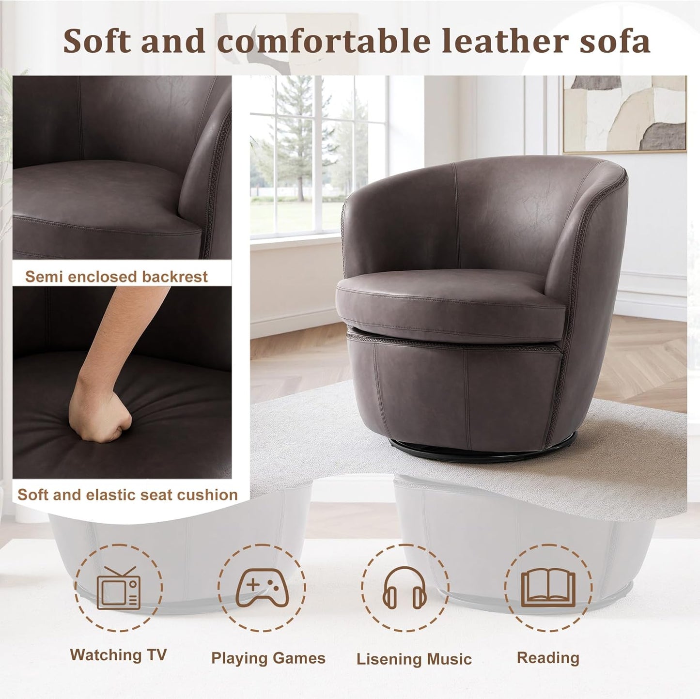 UIXE PU Leather Swivel Barrel Accent Chair, Modern Round Swivel Chair Comfy Upholstered Armchair for Living Room, Vintage Arm Chair Single Sofa Bedroom Reading Seats - Chocolate