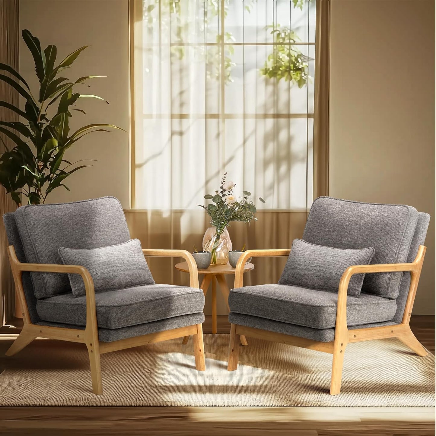 COLAMY Mid Century Modern Accent Chair Set of 2 with Lumbar Pillow, Relaxing Armchair with Solid Wood Frame & Soft Cushion, Reading Leisure Chair for Living Room（Beige）