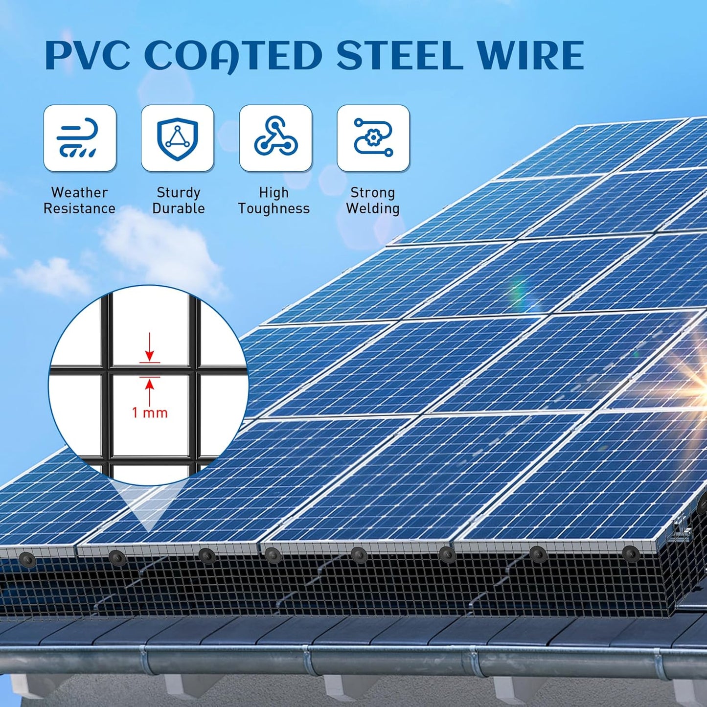 8inch x 100ft Solar Panel Bird Guard, Critter Guard for Solar Panels with 100 Pcs Stainless Steel Fasteners, Removable PVC Coated Pigeon Netting Wire for Squirrel, Bird, Critters Proofing