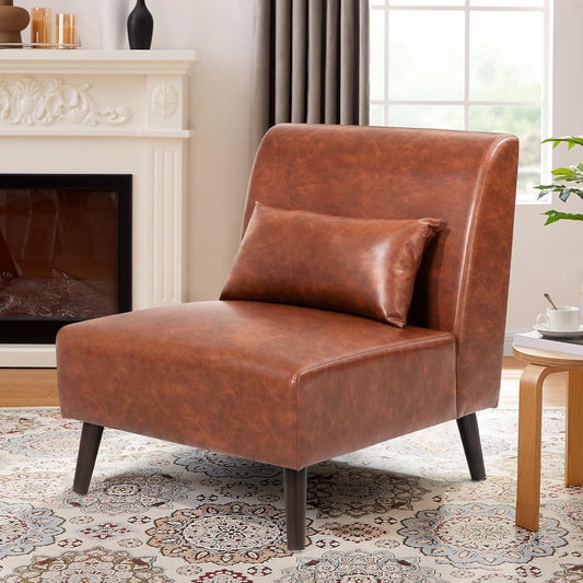 Armless Accent Chair for Living Room Mid Century Modern Brown Leather Accent Chair and a Half Oversized Slipper Chair with Pillow for Bedroom