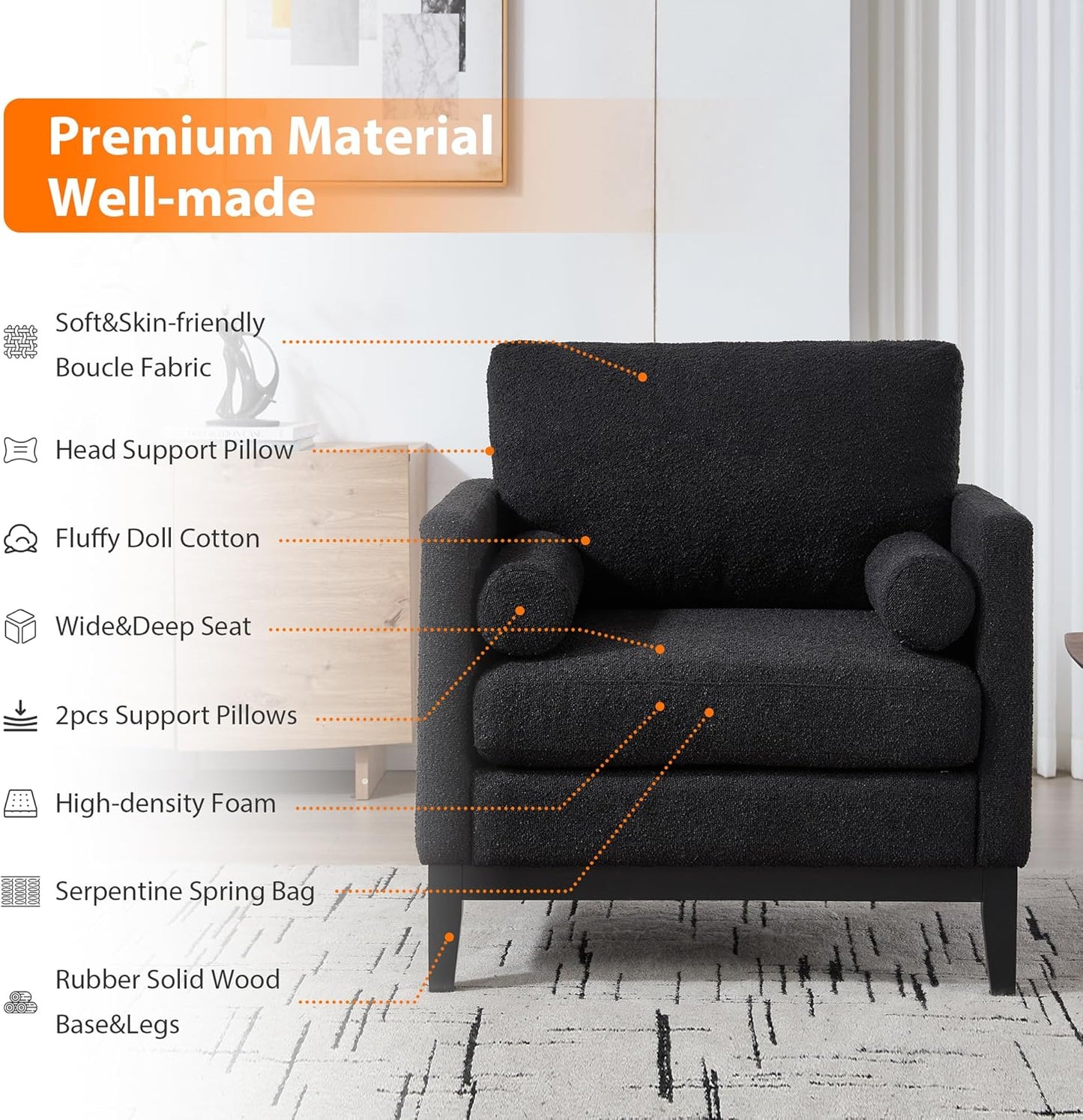 Yowan&Sillan 35.4" Wide Large Armchair Oversized Accent Chair,Modern Boucle Comfy Living Room Bedroom Reading Chairs Single Sofa,Black Wood Leg,Chairs for Lounge,Study,Office,Reception,Black