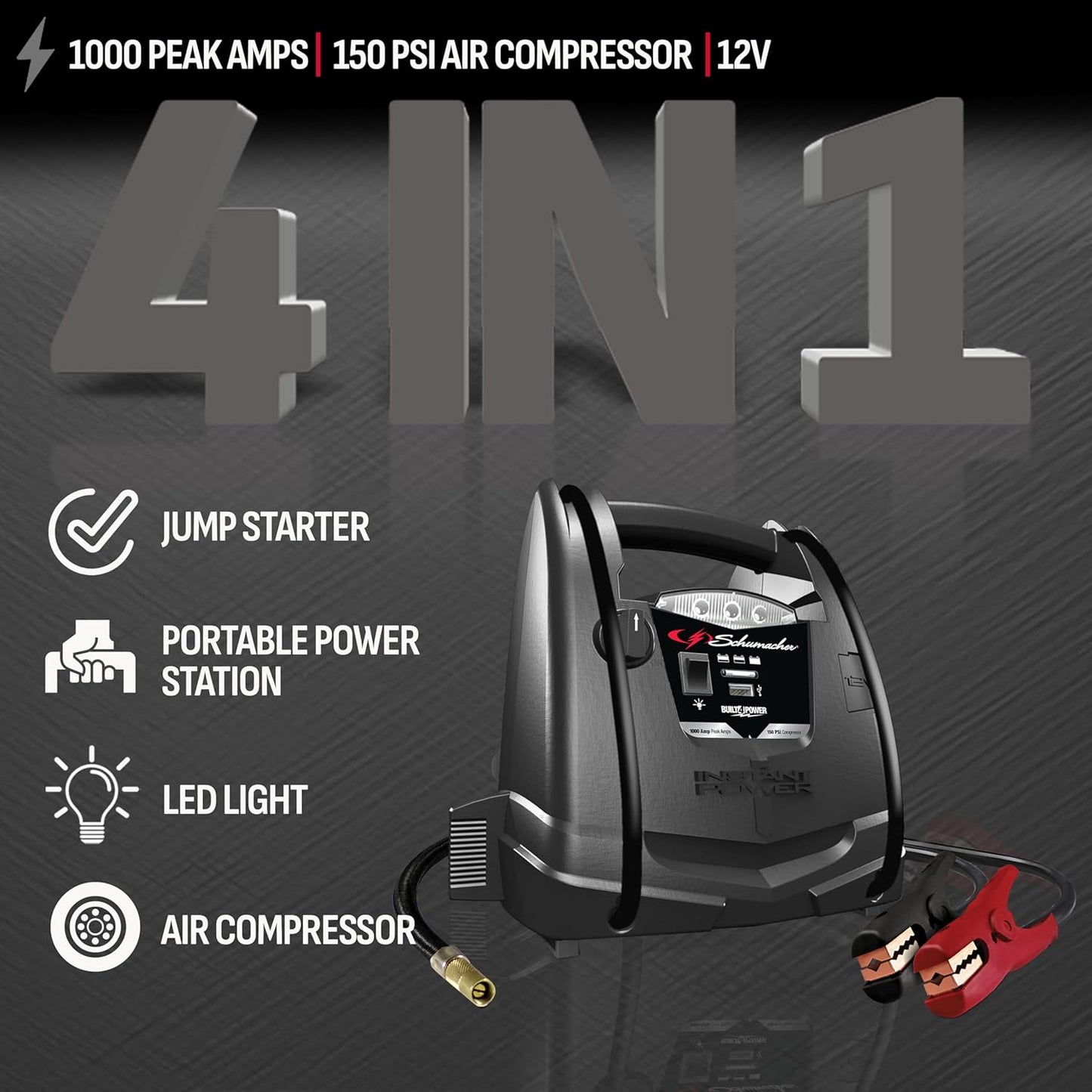 Schumacher SJ1330 1000 Peak Amp Jump Starter and Air Compressor with 12V USB Portable Power Ports