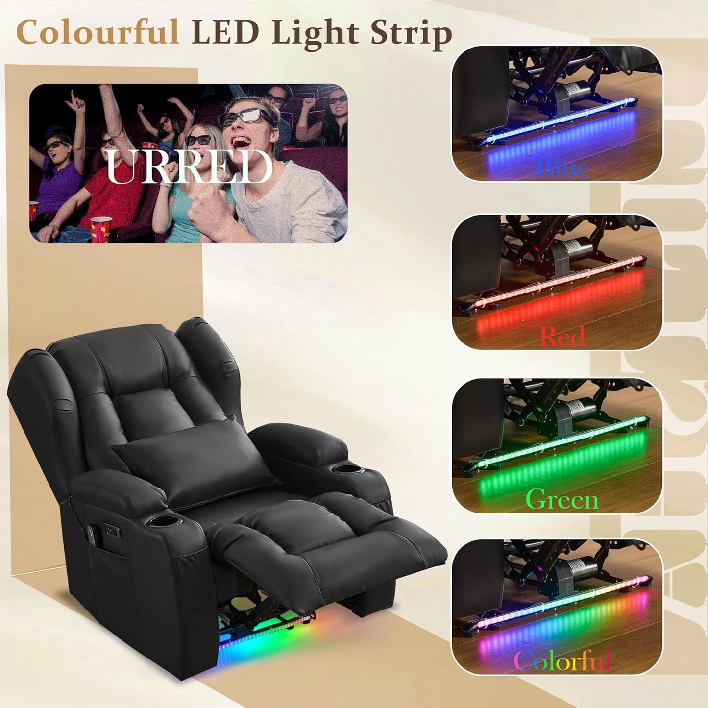 URRED Recliner Chair for Adults, Power Reclining Sofa Chair Home Theater Seating with Vibration Massage and Heat, LED Ambient Light, USB Ports, Cup Holders, Side Pockets (Black)