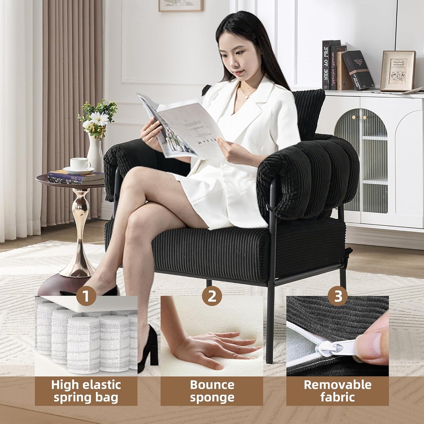 YISHENG Modern Velvet Accent Chair Set of 2 Upholstered Comfy Lounge Sofa Chair, Fabric Oversize Lazy Arm Chair with Soft Cushion, Metal Frame Reading Chair for Living Room, Balcony,Bedroom,Black