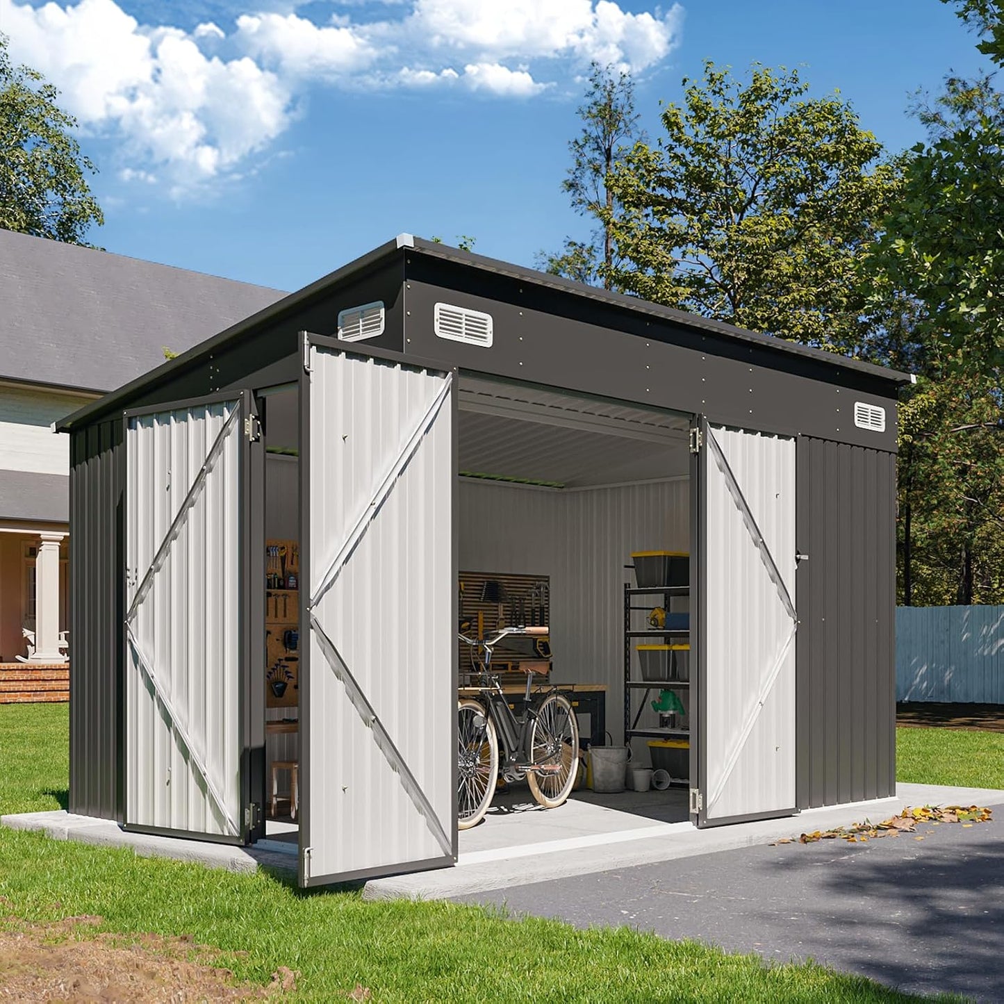 8'x4' Shed Galvanized Steel Storage Sheds with Triple Doors Utility Sheds for Vertical Storage, Dual Lock Lean to Shed with Sloped Roof for Mower, Bike, Garden Tools (Black)