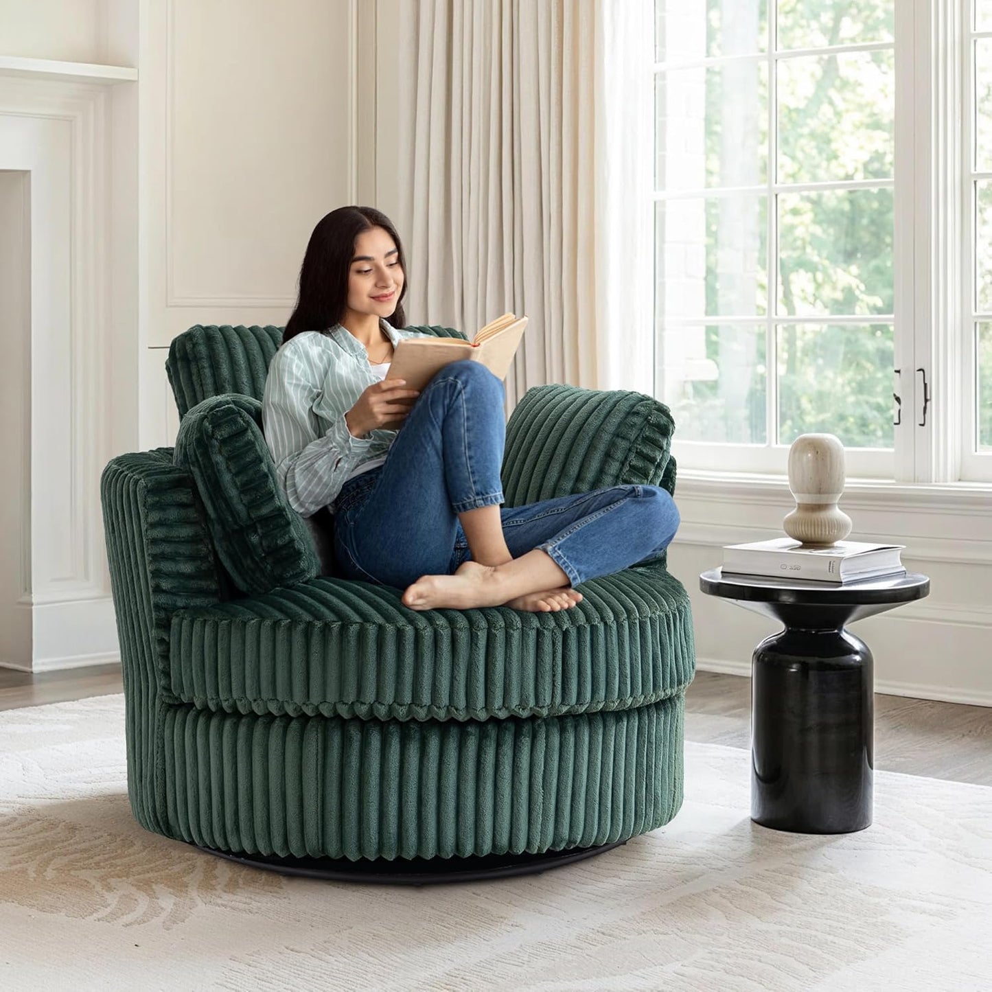 360-Degree Swivel Accent Chair Plush Corduroy & Foam-Filled Chaise Lounge Chair for Indoor Living Room & Bedroom, 40" Oversized Modern Design Round Barrel Chair, Comfortable Seating, Blue