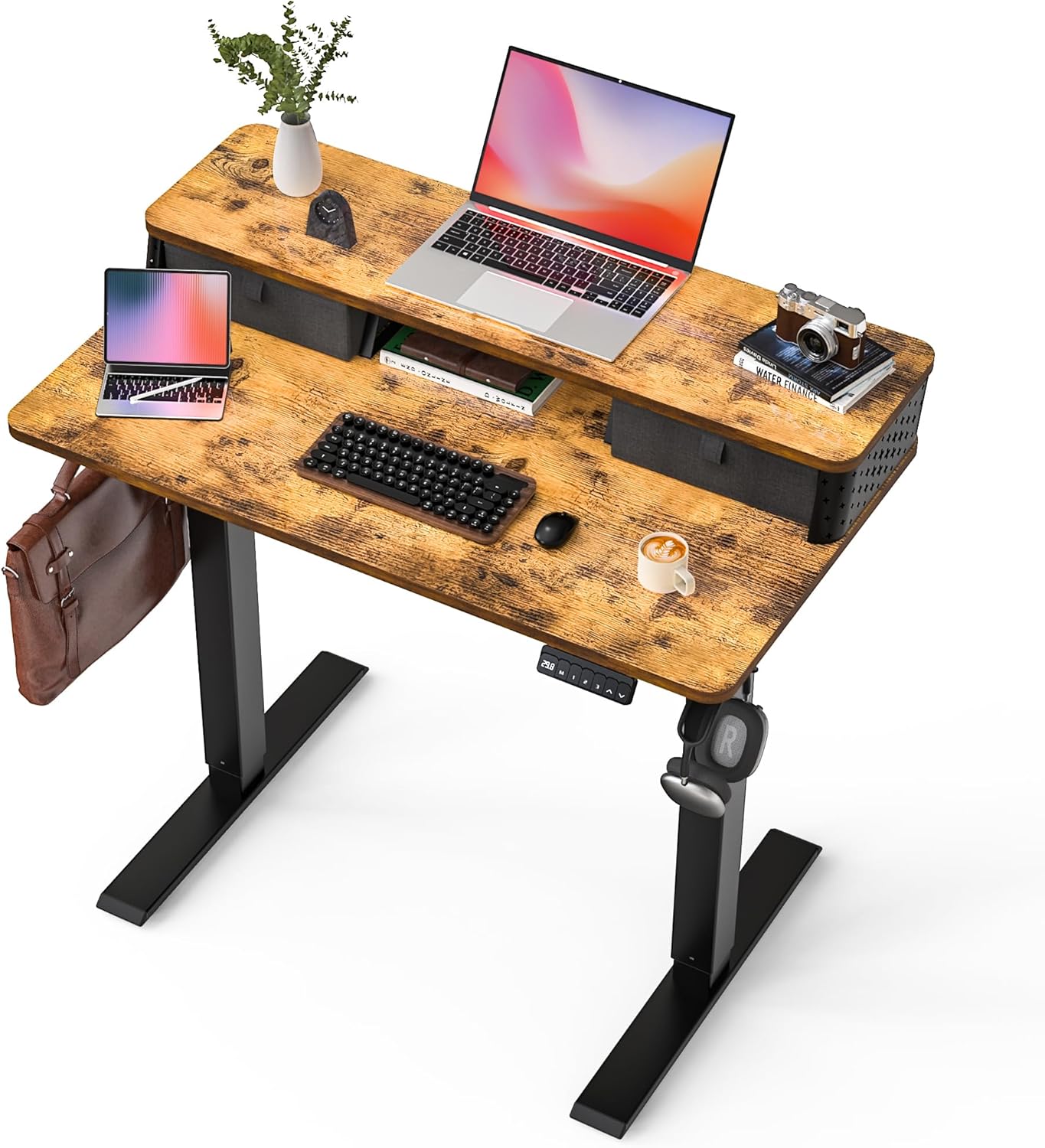 35x20 Inch Standing Desk with Double Drawers, C-Clamp Mount Compatible, Electric Adjustable Height Computer Stand Up Desks, Home Office Sit Stand Table with 3 Preset Heights & 2 Hooks, Black