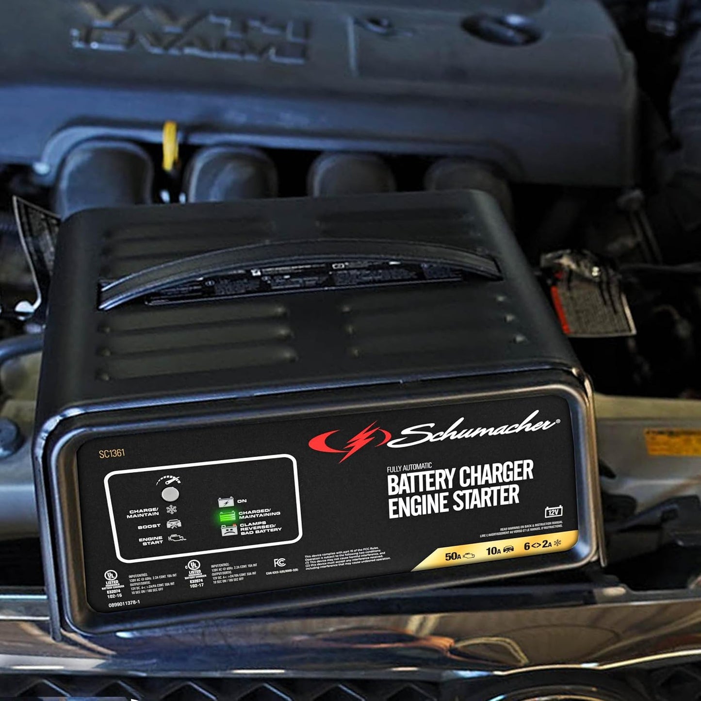Schumacher Electric 6A Car Battery Charger and 50A Engine Starter, 4-in-1 Solution, Maintainer, 10A Boost, for 12V Power Sport, Automotive, and Marine Batteries, SC1361