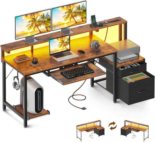 AODK 63-Inch Computer Desk with Power Outlet & LED Light, Reversible Office Desk with File Cabinet and Drawer, Gaming Desk with Keyboard Tray, Study Table with Full Monitor Riser and PC Stand, Vintage