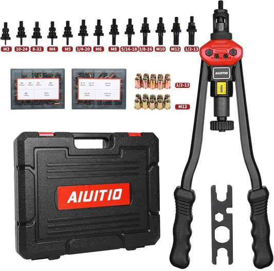 16" Rivet Nut Tool, Rivnut Tool Kit with 13 Metric and SAE Mandrels, Nutsert Rivet Tool Set with 200Pcs Rivnuts, Threaded Insert Hand Riveter with Rugged Carrying Case