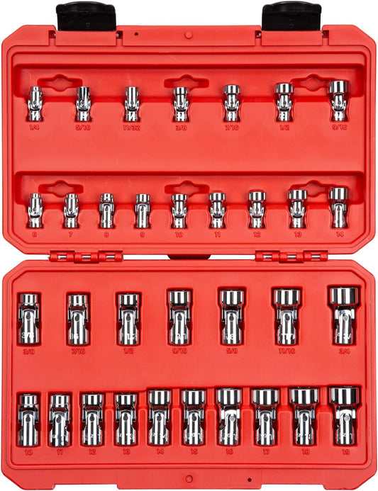 TEKTON 1/4, 3/8 Inch Drive 6-Point Universal Joint Socket Set with Case, 33-Piece (1/4-3/4 in., 6-19 mm) | SHD99301