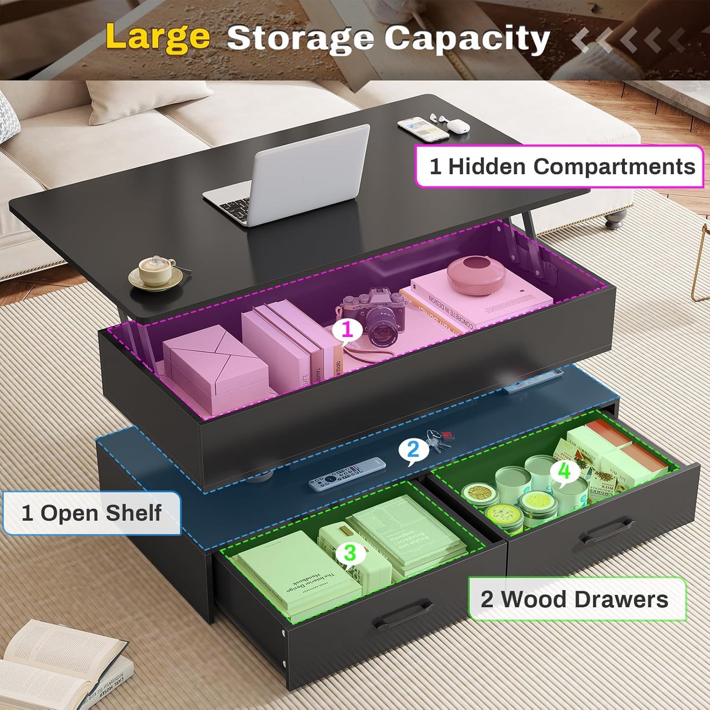 SEDETA 40" Lift Top Coffee Table, Coffee Tables with Storage for Living Room, Small Coffee Table with 2 Drawers & LED Light for Dining Reception Room, Black