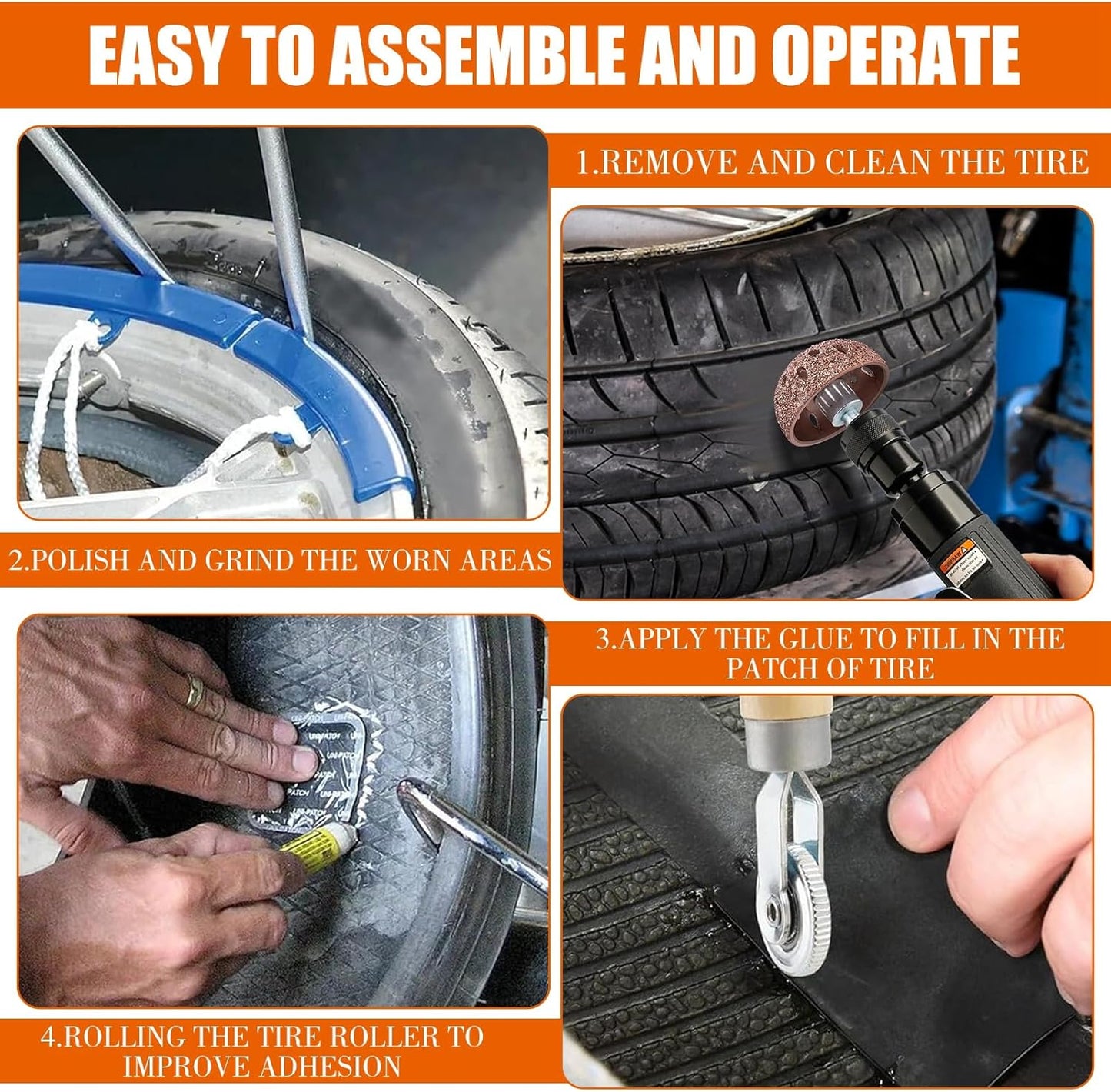 Air Tire Repair Polish Patch Tools Tire Repair Set Include 2500rpm Low Speed Air Tire Buffer Tire Inner Liner Scrapper Patch Roller 3pcs Tungsten Steel Buffing Wheel 42mm 55mm