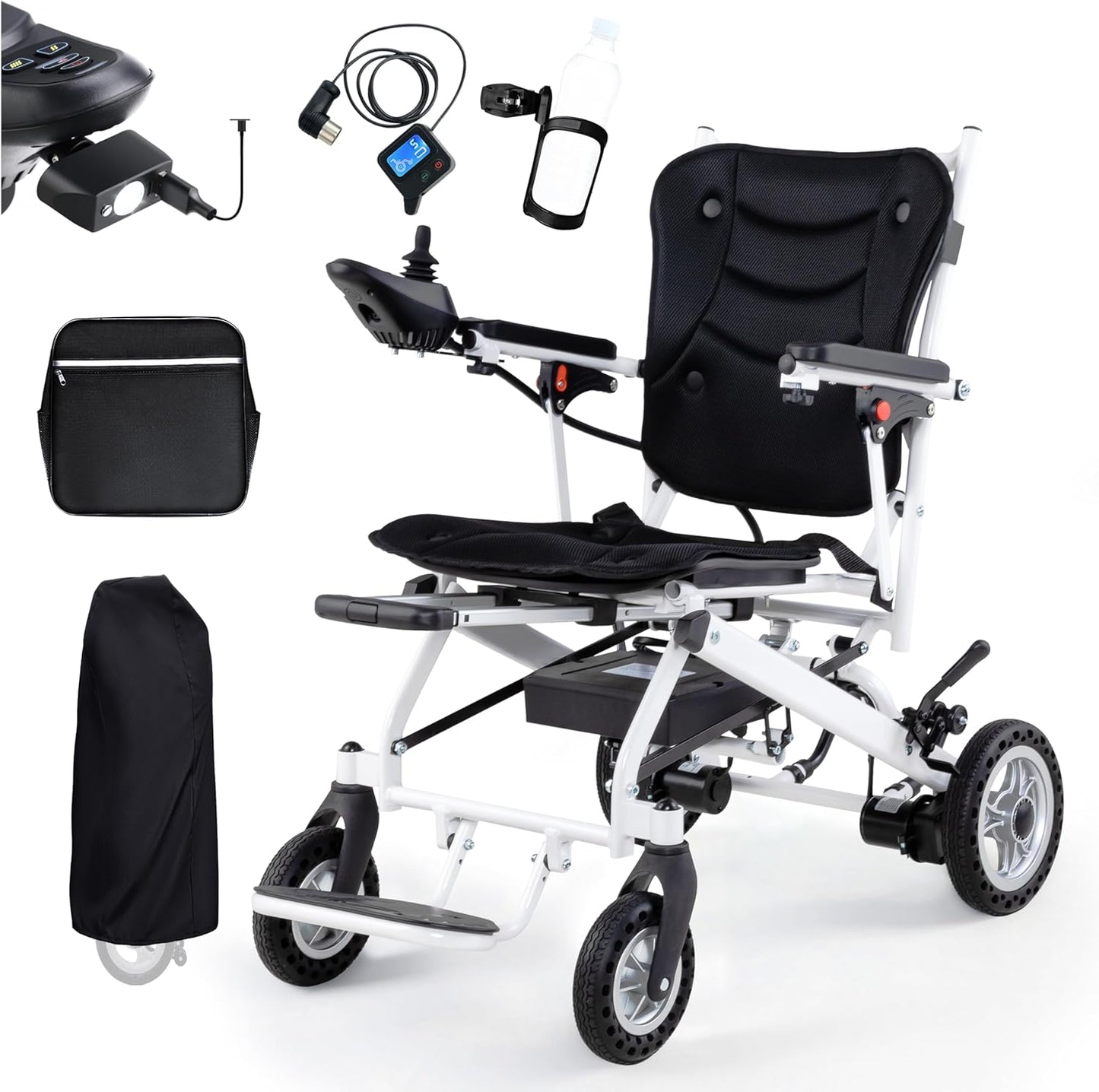 16" Big Front Wheel Electric Wheelchair Foldable All Terrain, Dual Brakes, 20” Seat Width Motorized Wheelchair, Electric Wheelchairs for Adults 330lb, Backpack, Led Light and Rear Control Included