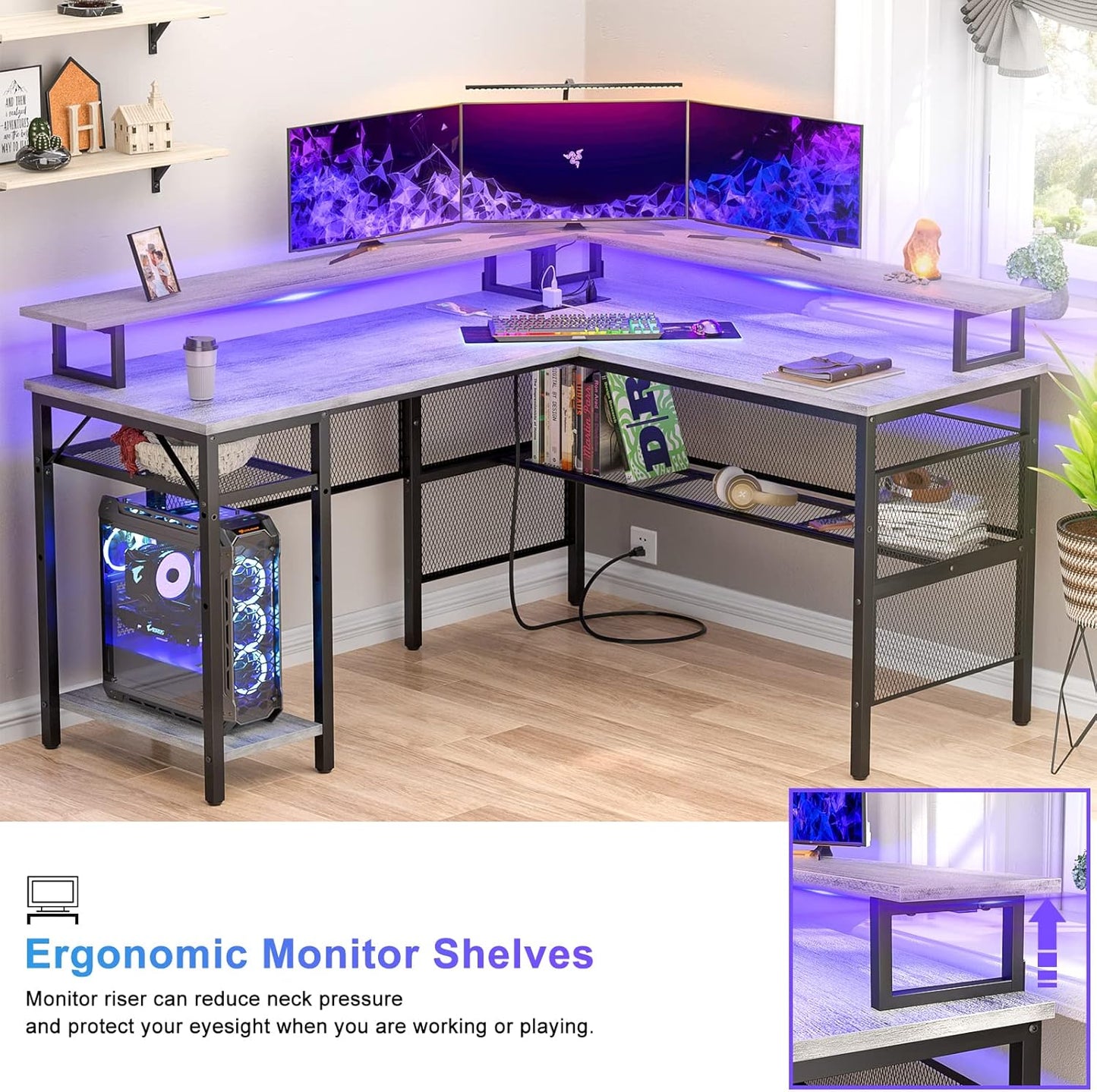 Unikito Reversible L Shaped Desk, Cool 55 Inch Corner Computer Desk with Smart Strip Light and Magic Power Outlet, Sturdy Office Table with Monitor Stand and Shelf, Elegant Grid Design, Light Walnut