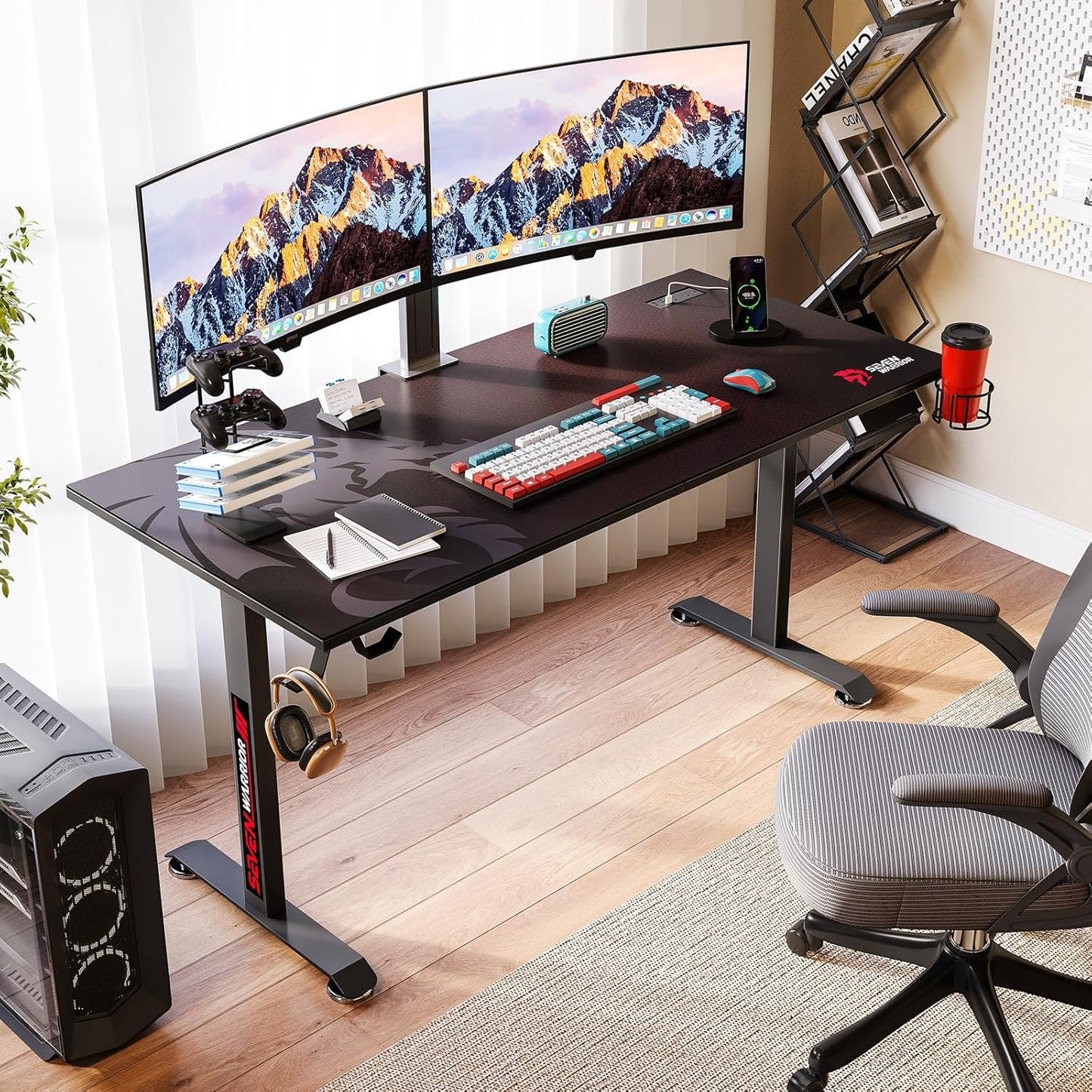 SEVEN WARRIOR Gaming Desk 55’’, T-Shaped Carbon Fiber Surface Computer Desk with Full Mouse Pad, Gamer Desk with Headphone Hook, USB Rack, Cup Holder
