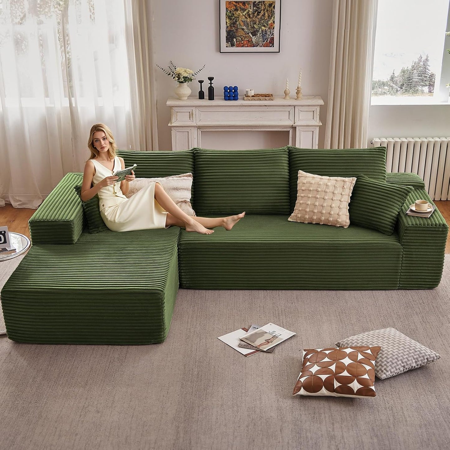 107" Modular Sectional Couches for Living Room, Comfy Boneless L Shaped Cloud Couch with Chaise Lounge, Modern Cozy Corduroy Deep Seat Floor Sofa, Memory Foam, No Assembly Required, Black