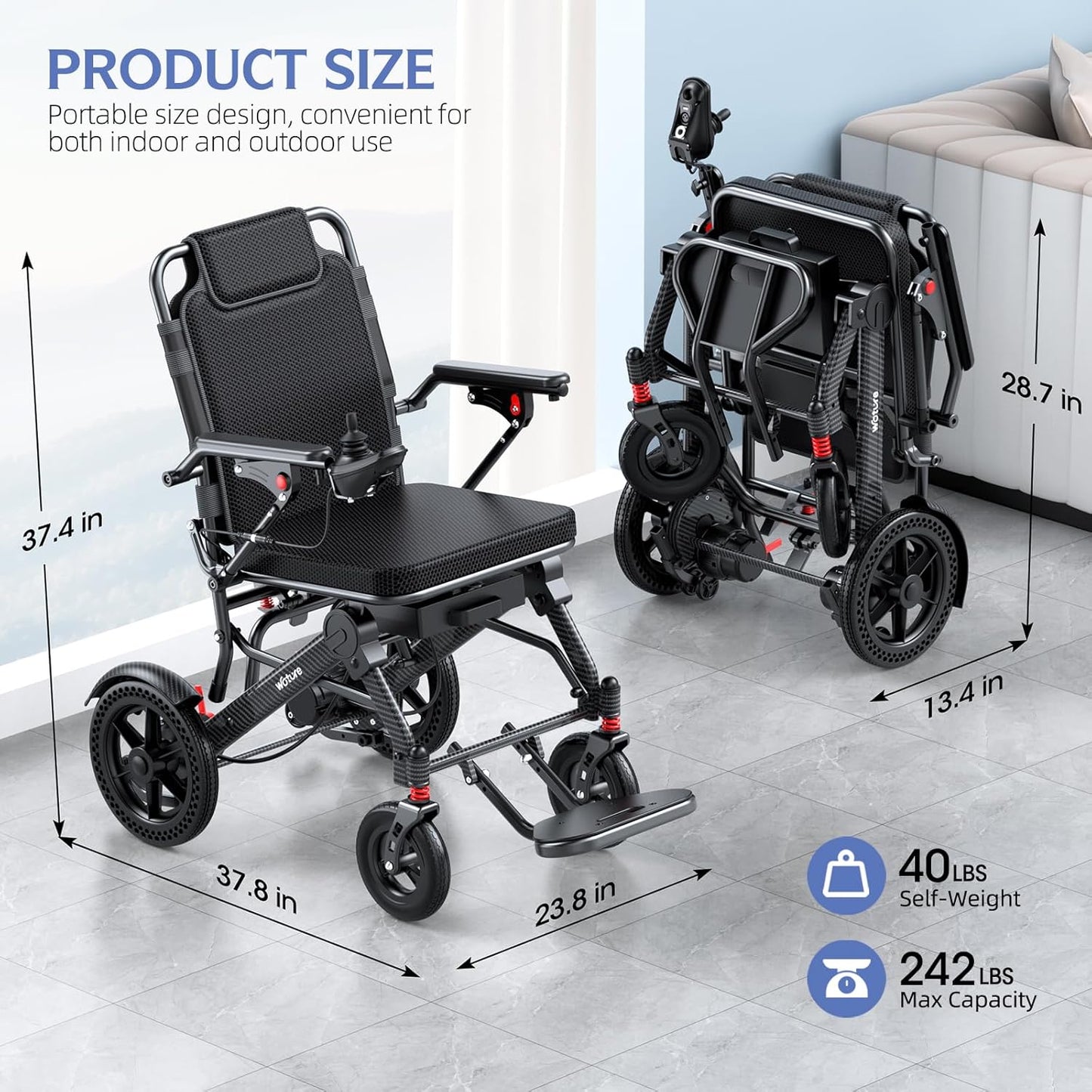 [2025 Upgrade] WOTURE Lightweight Electric Wheelchair for Adults, Long Travel Range, Foldable Power Wheelchair, Power Wheelchair for Seniors, Portable, All Terrain
